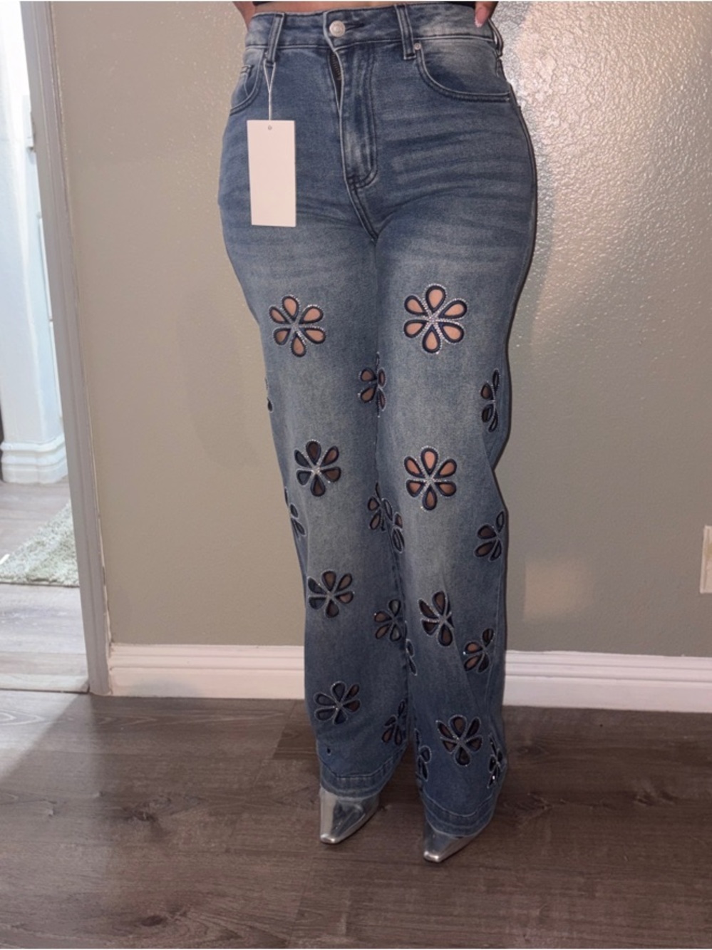 High-Rise Blue Denim Jeans with Floral Cutouts